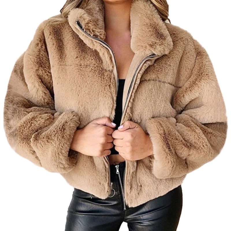 

Winter Imitation Rabbit Fur Zippered Cardigan Plush Warm Jacket For Women Long Sleeve Zipper Coat Solid Stand Collar Outerwear