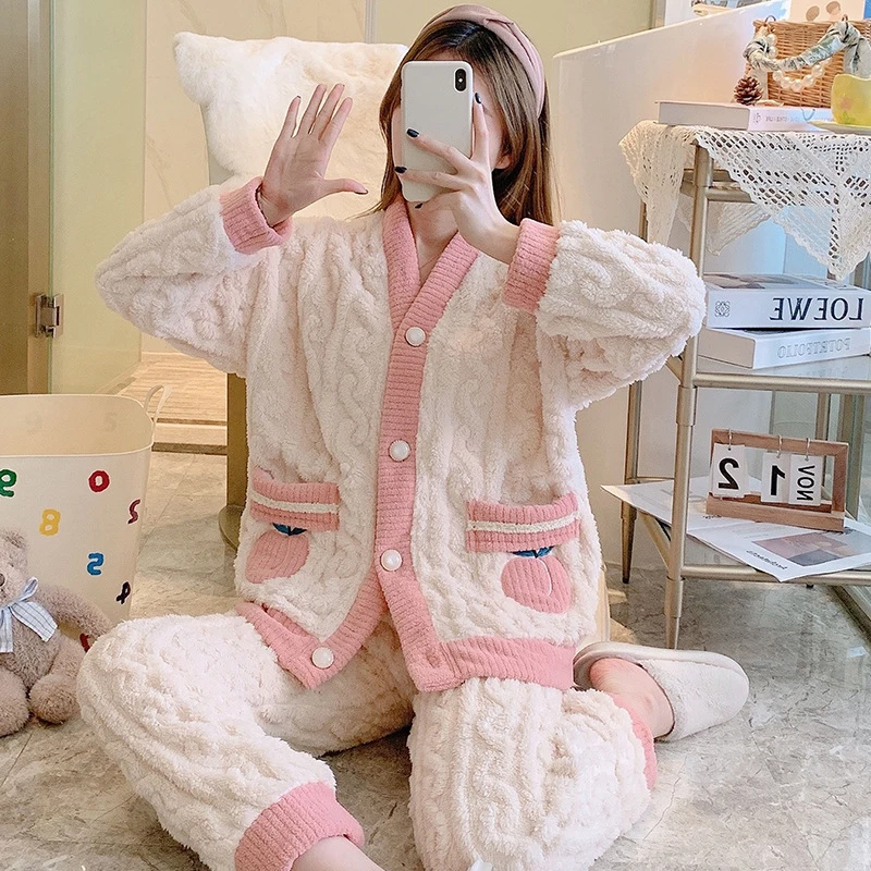 Women's Flannel Pajama Set Cute Cartoon Bow Strawberry Loose Pajamas Winter Thick Warm Coral Fleece Loungewear Two-piece