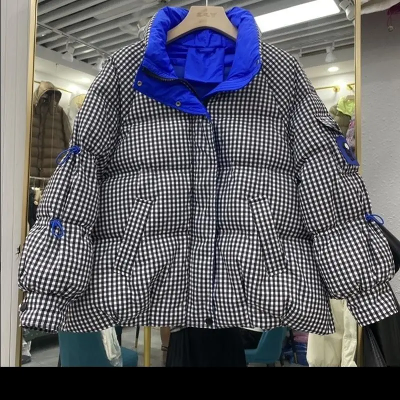 Houndstooth Stand Collar Down Jacket Women New Winter Loose Thick Warm White Duck Down Bread Coat Ladies Zipper Pockets M42