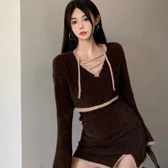 

FOR Coffee fashion suit women's bandage V-neck short long sleeve top high waist split skirt two-piece set in autumn and winter