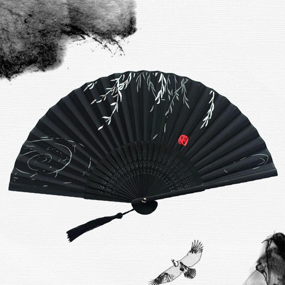 

Chinese Japanese Folding Fan Bamboo Vintage Silk Classical Dance Fan Tassel Elegent Female Hand Fan Home Decoration Ornaments