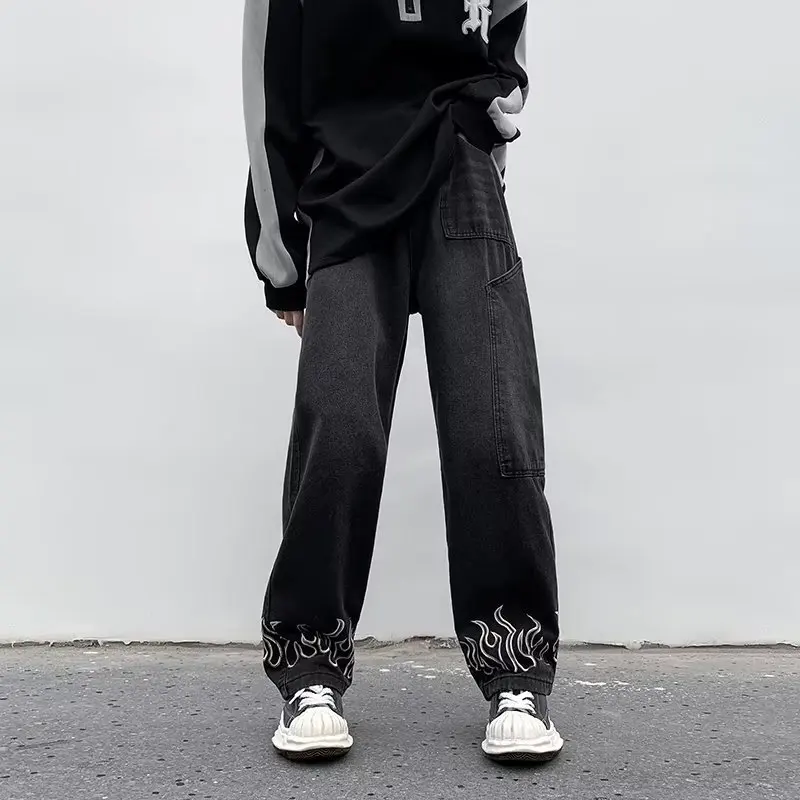 DEEPTOWN Vintage Printed Jeans Straight Streetwear Denim Pants Classic Retro Loose Casual Fashion Trousers Male Black Spring