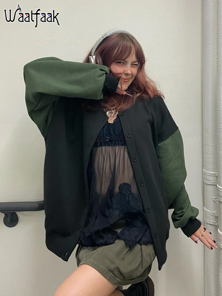 

Женская куртка на пуговицах Waatfaak Grunge, черная Свободная куртка в стиле пэчворк из Fairycore, уличная одежда в стиле Харадзюку, зима 2022