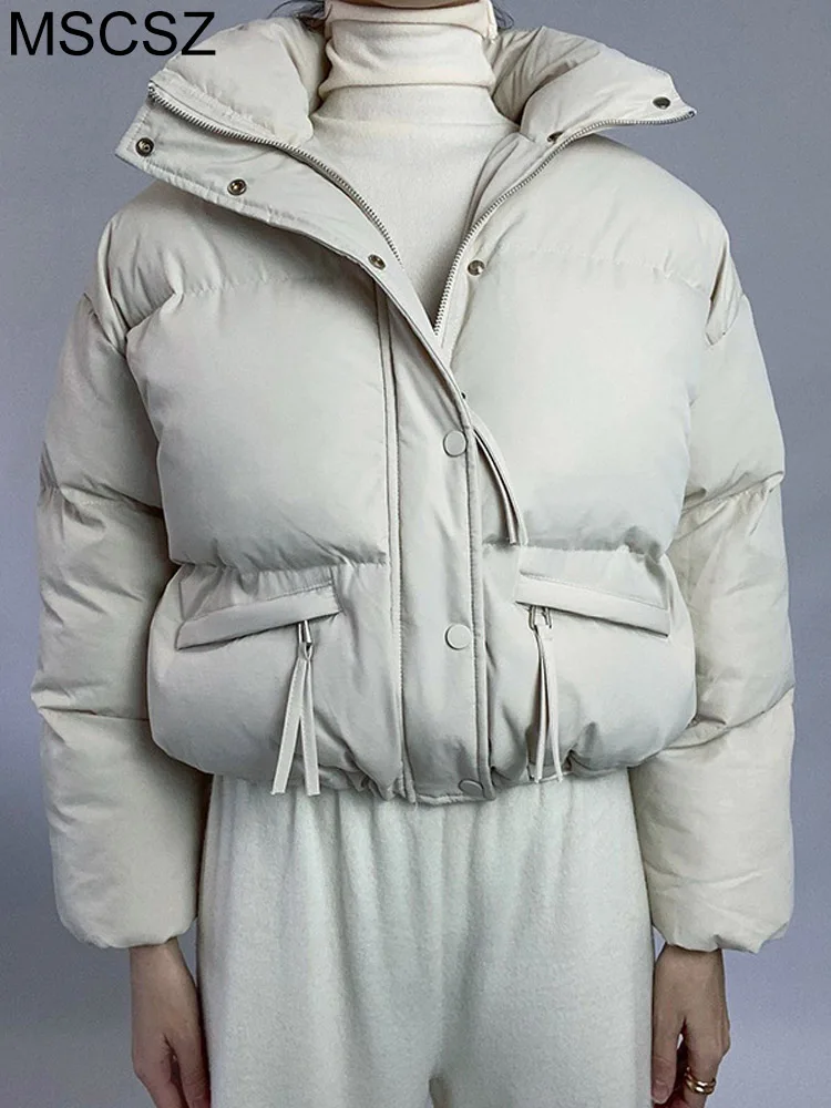 

Fashion Cropped Puffer Jacket Women Stand Collar Zip Up Bomber Jacket Warm Thick Parka Women's Winter Coats 2022