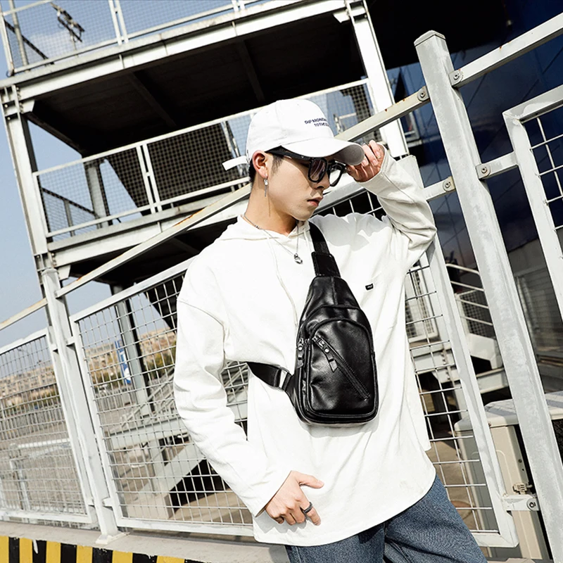 Leather Chest Bags Male One Shoulder Backpack Black Small Back Pack Waterproof Cross Body Purses Sling Bag for Man