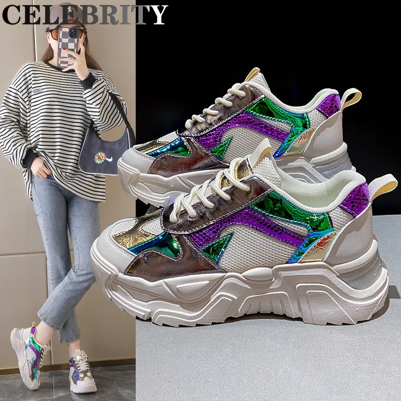

2022 Spring and Autumn New Single Shoes Women's Fashion Color Matching Women's online celebrity Leisure Increase Sports Shoes