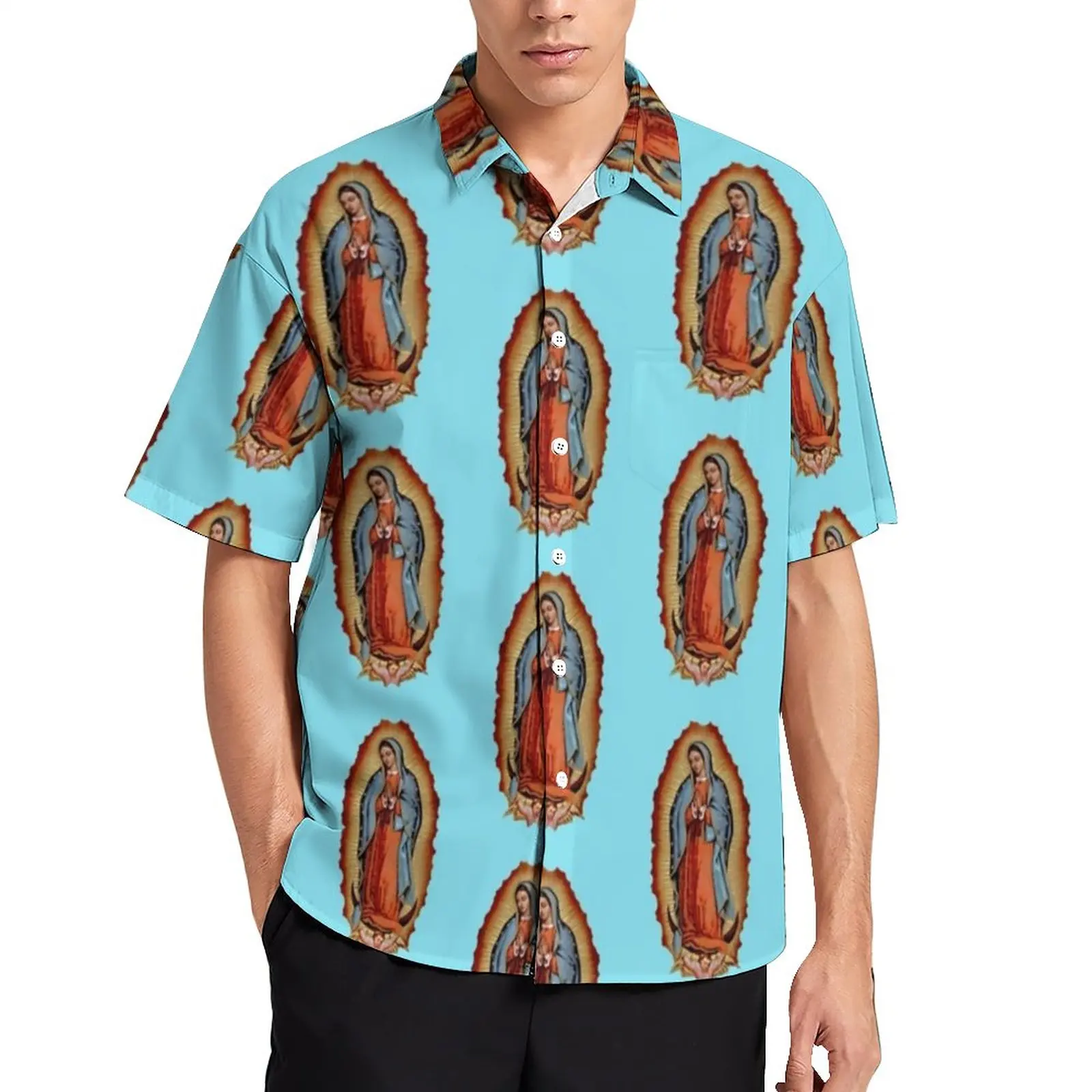 

Virgin Mary Maria Casual Shirt Diego De Guadalupe Beach Loose Shirt Hawaii Aesthetic Blouses Short Sleeves Oversized Clothing