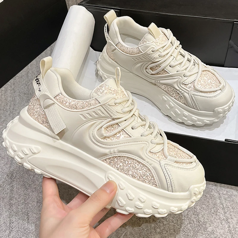 6cm Genuine Leather 2023 Synthetic Sequins Platform Wedge Chunky Sneakers Mixed Color Casual Comfy Lady Hidden Heel Female Shoes
