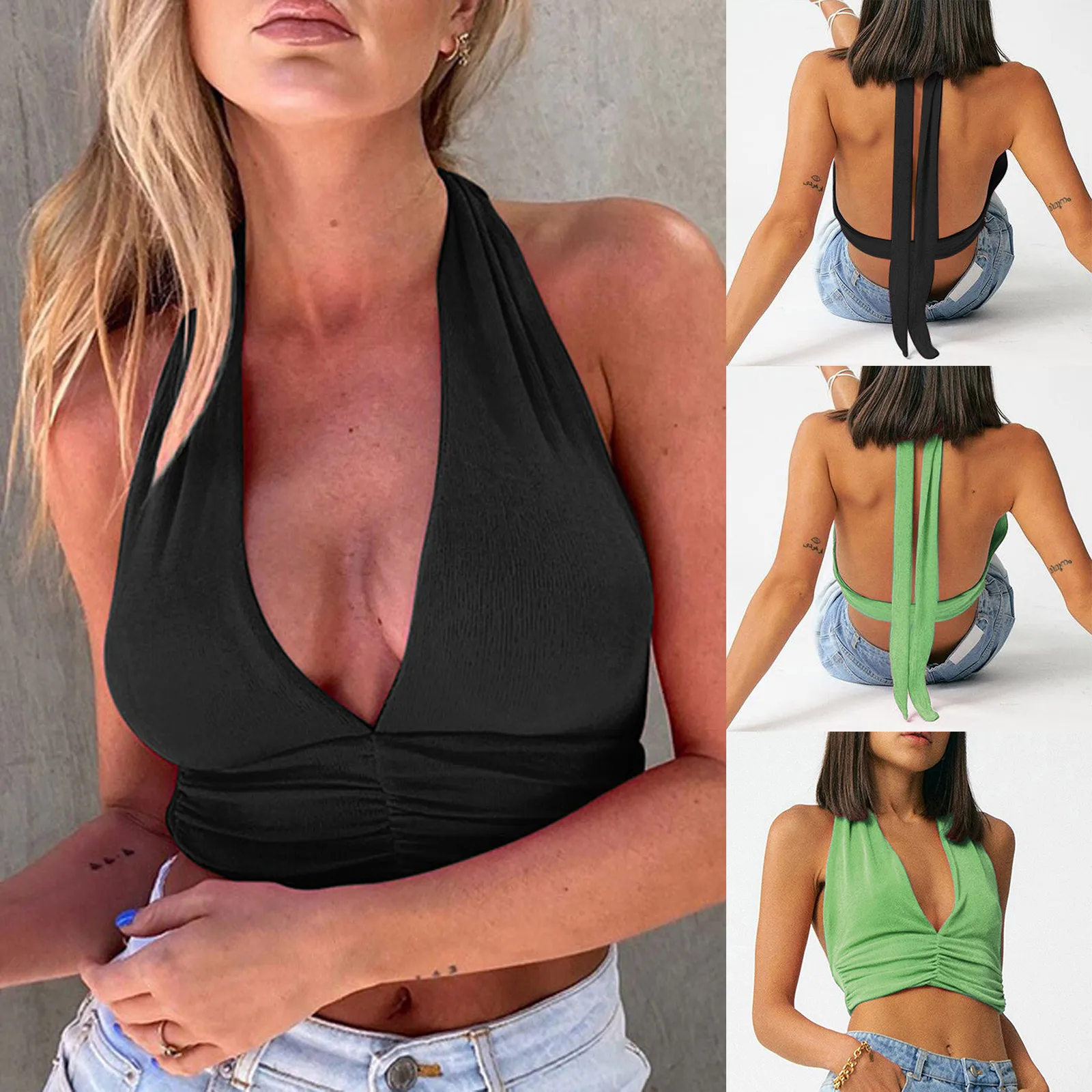 

2022 New Green Black Women Crop Top Camisole Backless Sleeveless Deep-v Sexy Halter Corset Bustier Tanks Y2k Clothes