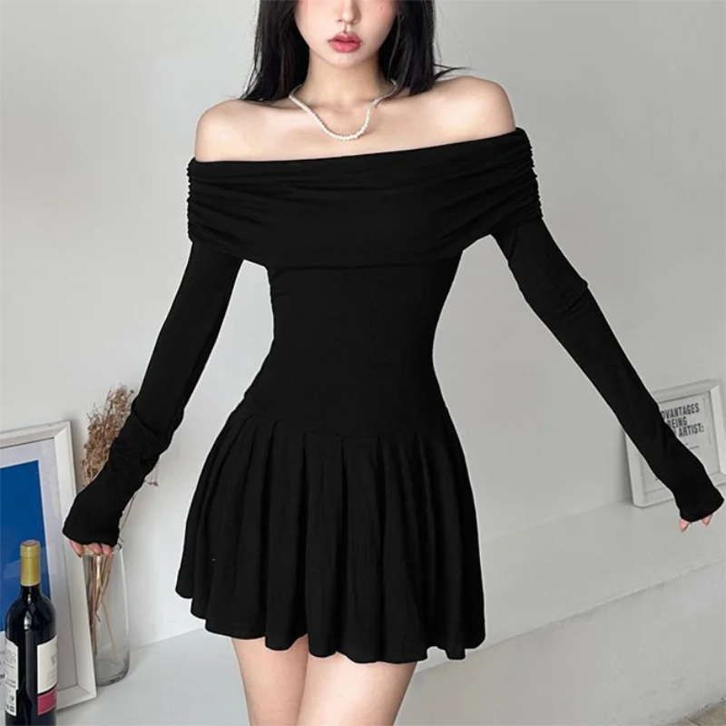 Осеннее сексуальное мини-платье с открытыми плечами для женщин черное