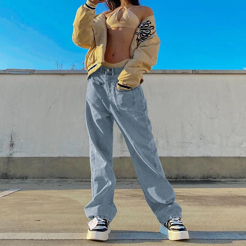 Women's Casual Wide Leg Long Front Pockets Light Blue Denim Pants 2023 Baggy Jeans New High Waist Loose Pants Streetwear Female
