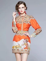 new springautumn fashion royal floral 2 pieces set women outfits long sleeve vintage flower print shirt blouse short skirt