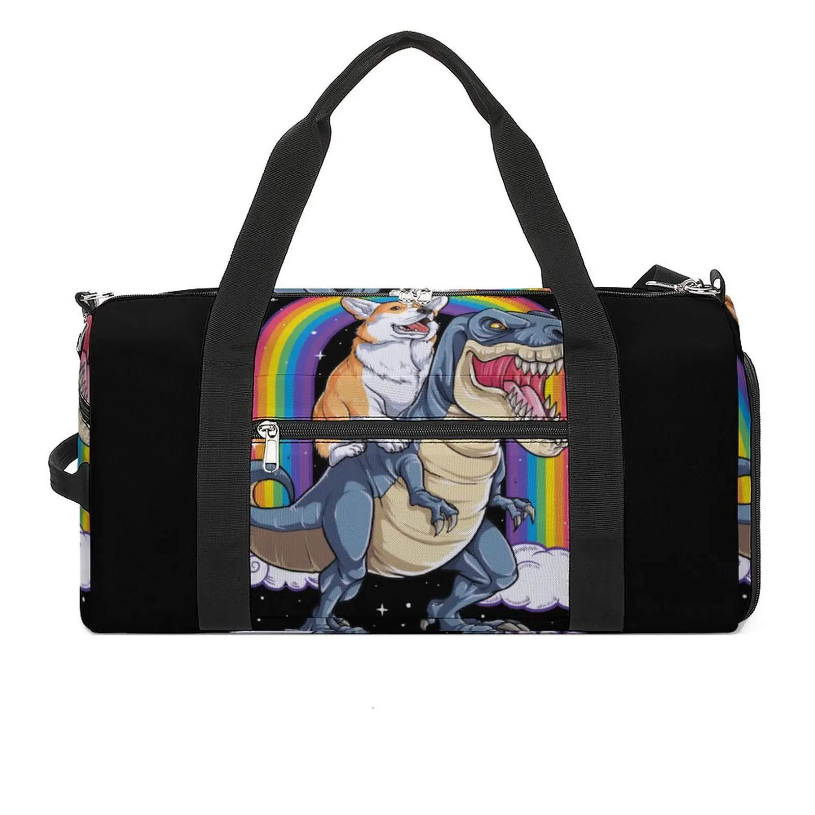 

Corgi Riding Dinosaur Funny Rainbow Dog Gym Bag Dinosaur Dog Cute Lover Oxford Sports Bags with Shoes Travel Training Handbag