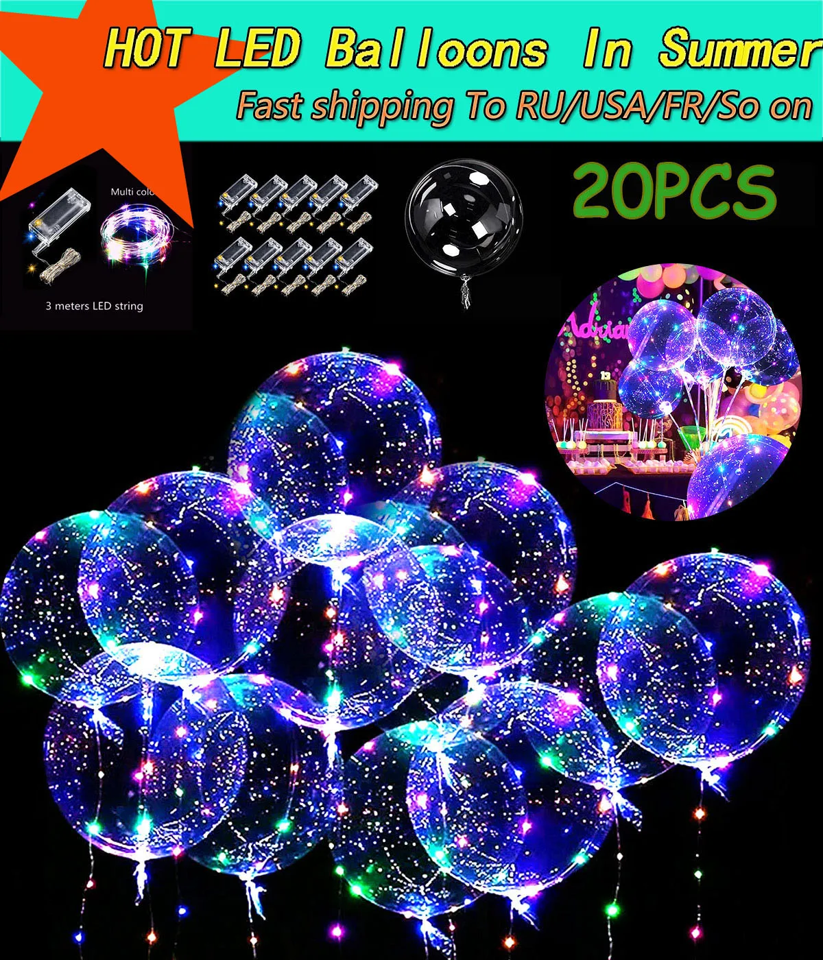 20/10Pcs LED Luminous Bobo Balloons  with Light String Clear Balloon Festival Decor Birthday Wedding Party Supplies Baby Shower