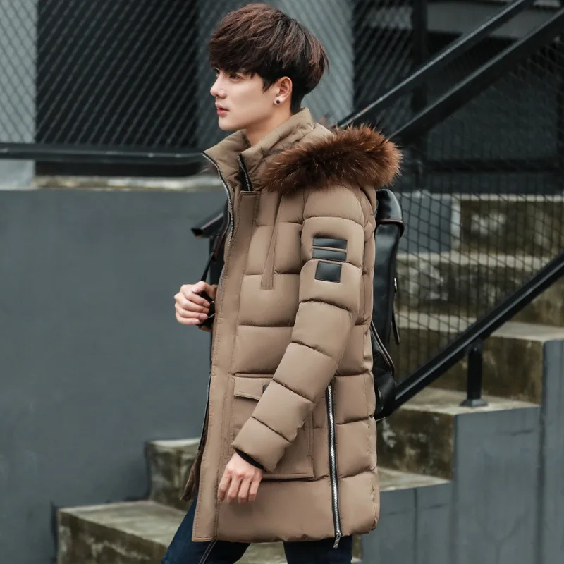 Winter Men's Cotton Coat Mid-Length Hooded Fur Collar Thickened Casual Youth Jacket Men's