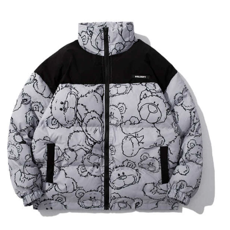 

Женская теплая куртка на молнии, повседневная Толстая свободная парка с воротником-стойкой и длинным рукавом, пальто с принтом медведя, Осе...