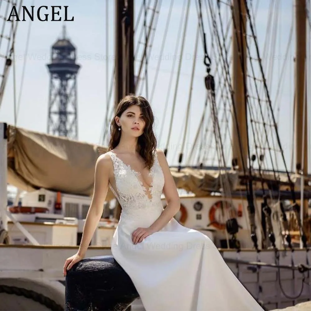 Фото ANGEL индивидуальное стильное свадебное платье трапециевидной формы для невесты со шлейфом без рукавов и аппликацией на молнии, свадебные платья Vestidos De Novia №3