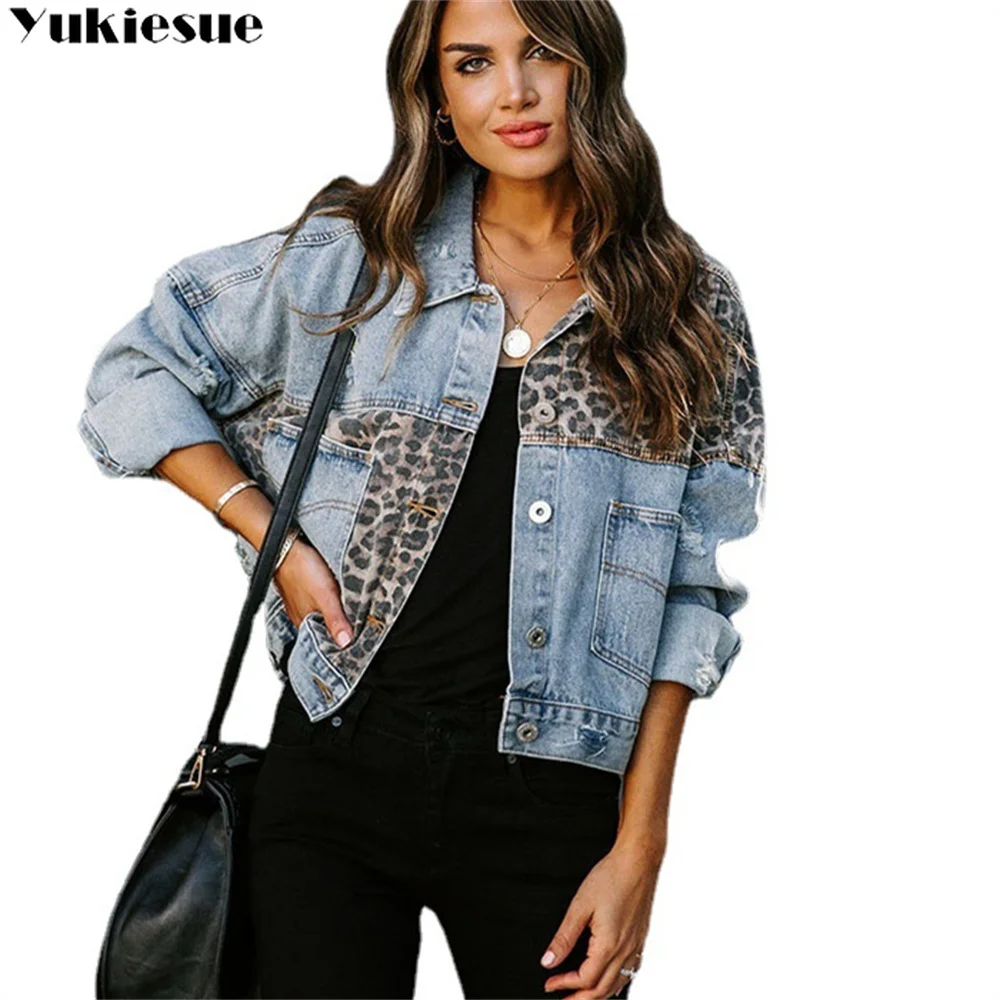 

Woman Jean Leopard-Print patchwork Denim Jacket Spring Autumn Long Sleeve Fashion Casual Vintage Coat Female Chic Outwear Top