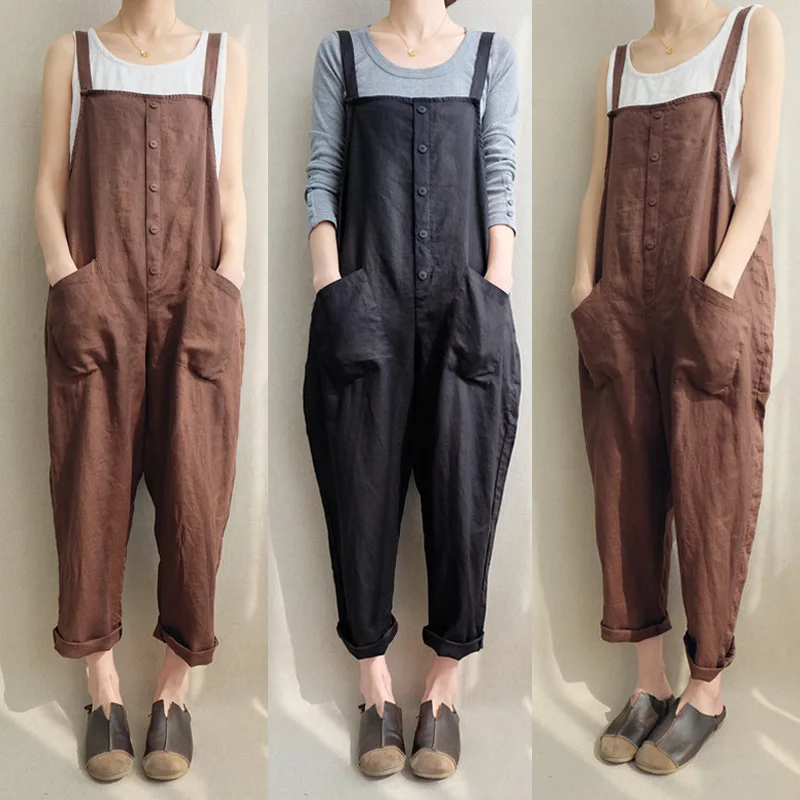 

2020 Spring and Summer New Women's Casual Cotton and Linen Breathable Plus Size Suspender Trousers