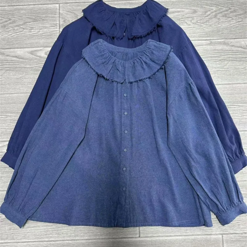 Johnature японская повседневная рубашка с длинными рукавами и кружевными лацканами