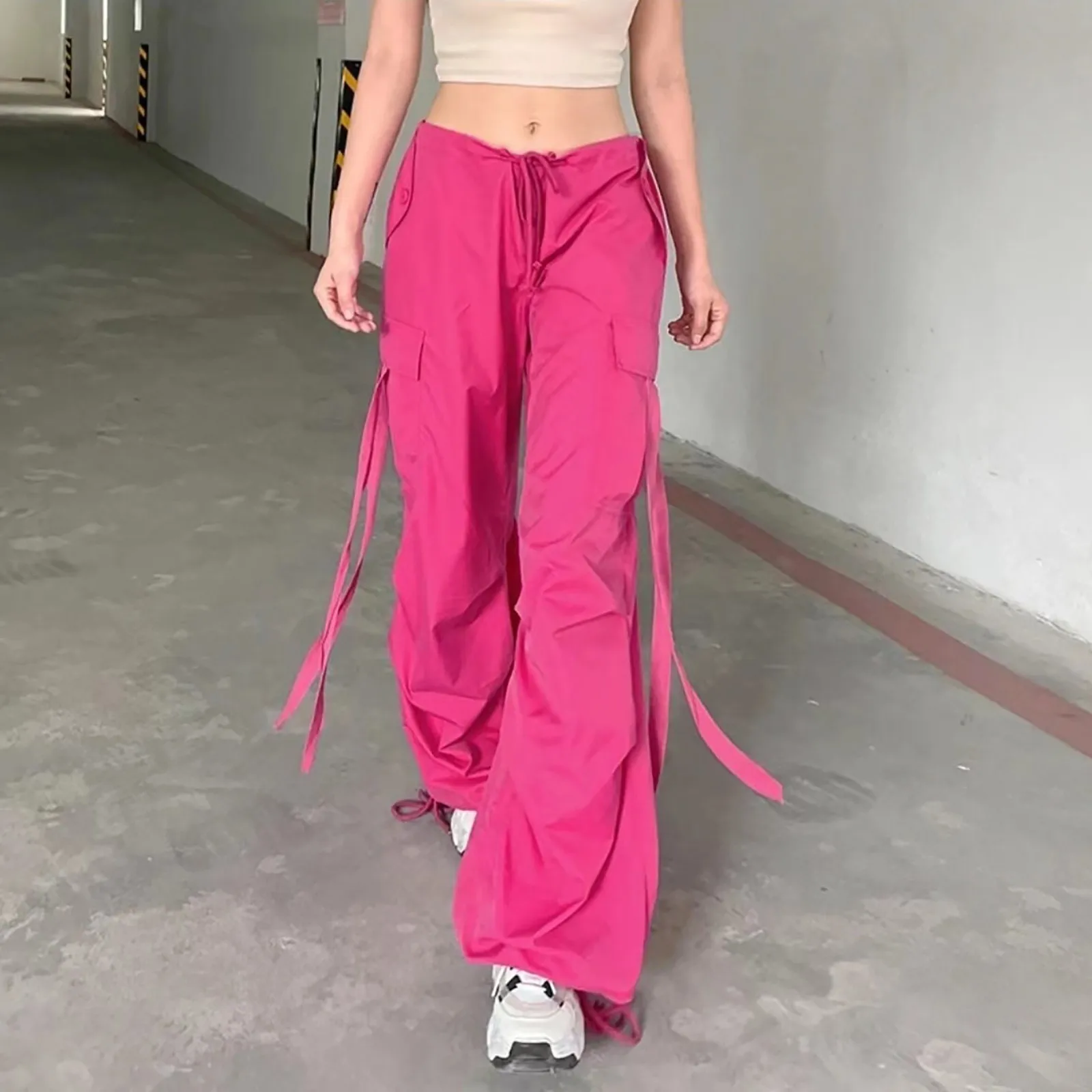 

Брюки-карго Y2K женские с широкими штанинами, свободные штаны с карманами, ярко-розовые мешковатые широкие брюки с поясом для кампуса, для улицы
