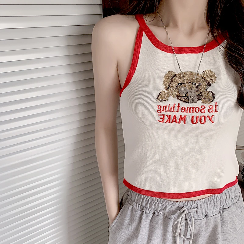 

Cute Bear Camis Girls Sweater Vest Kawaii Teddy Bear Pullover Sweater Teens Knitted Vest Top Loose Fit Jumper Vest V Neck Tops