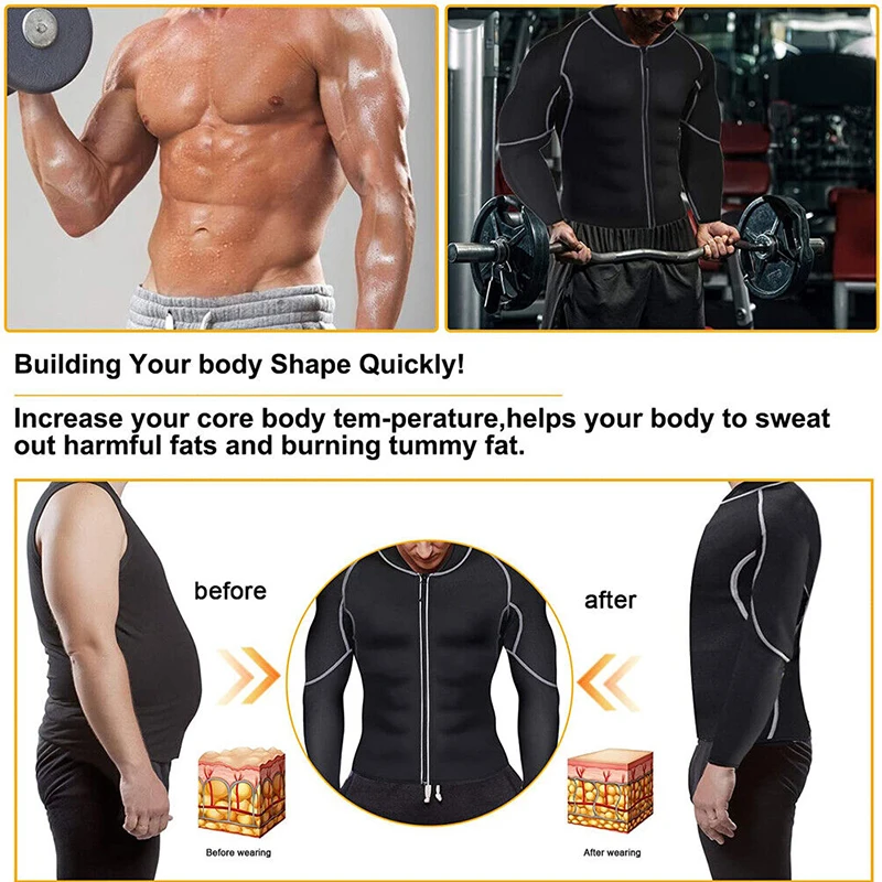 Men Sweat Neoprene Long Sleeve Sauna Suit Workout Shirt Corset Top Clothes Shapewear Long Sleeve Body Shaper Jacket Gym