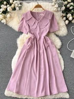 foamlina french elegant women summer dress 2022 solid turn down collar short sleeve slim a line midi vintage female dress robe
