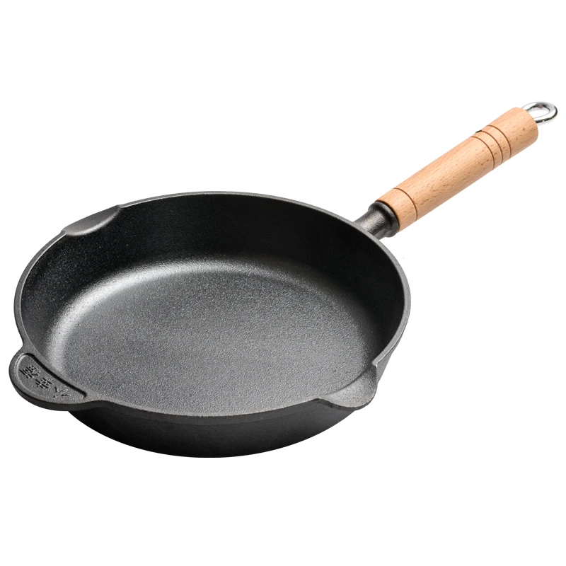 

27CM Cast Iron Frying Pan Solid Induction Heating Pans with Lid Wooden Glass Cover Fryer Non-coating Pancake Thick Bottom Pots