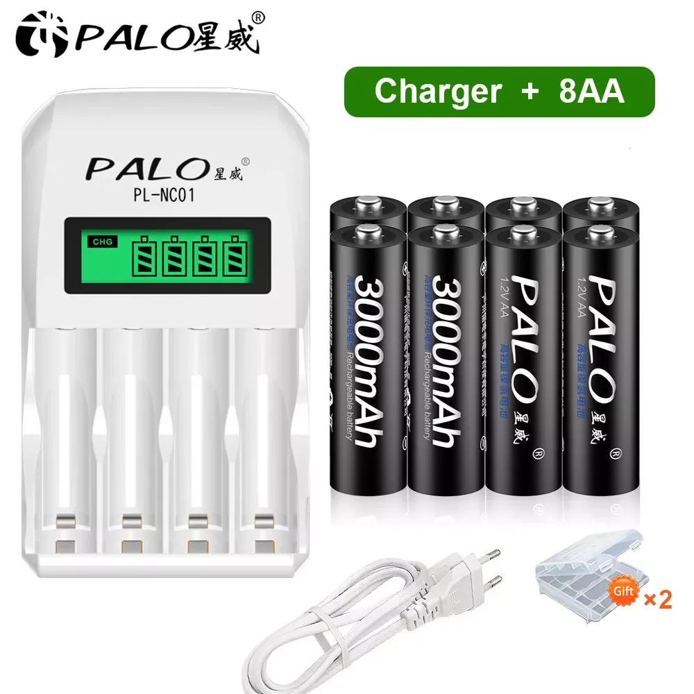 

NEW2023 PALO 1.2V AA Rechargeable Batteries 3000mAh Ni-MH AA Rechargeble Battery with LCD display smart battery charger for toy