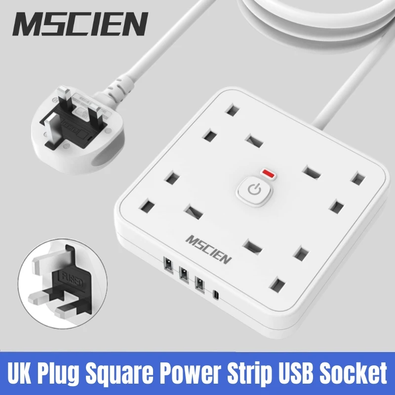

Square Design UK Plug Power Strip 3M Extension Lead with USB Charge Ports LED Light Switch Electric Expansion Socket Type-C