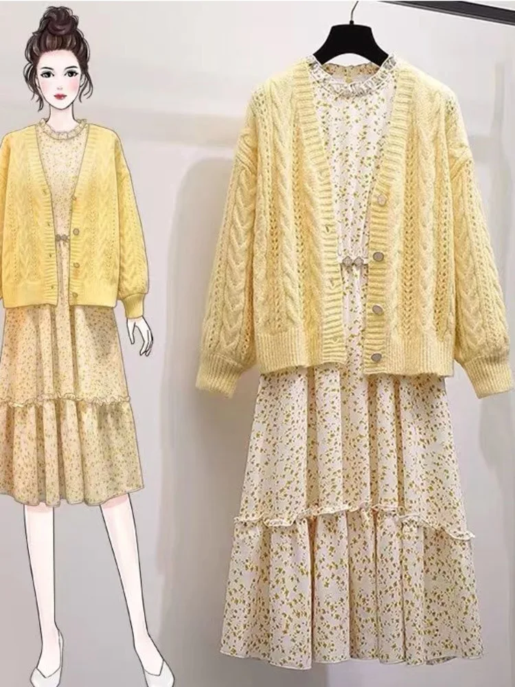 

Autumn Two Pieces Set For Women Long Sleeve Knitted Cardigan And High Waist Print Dresses Suits Women Korean Sweet Outfits 2022