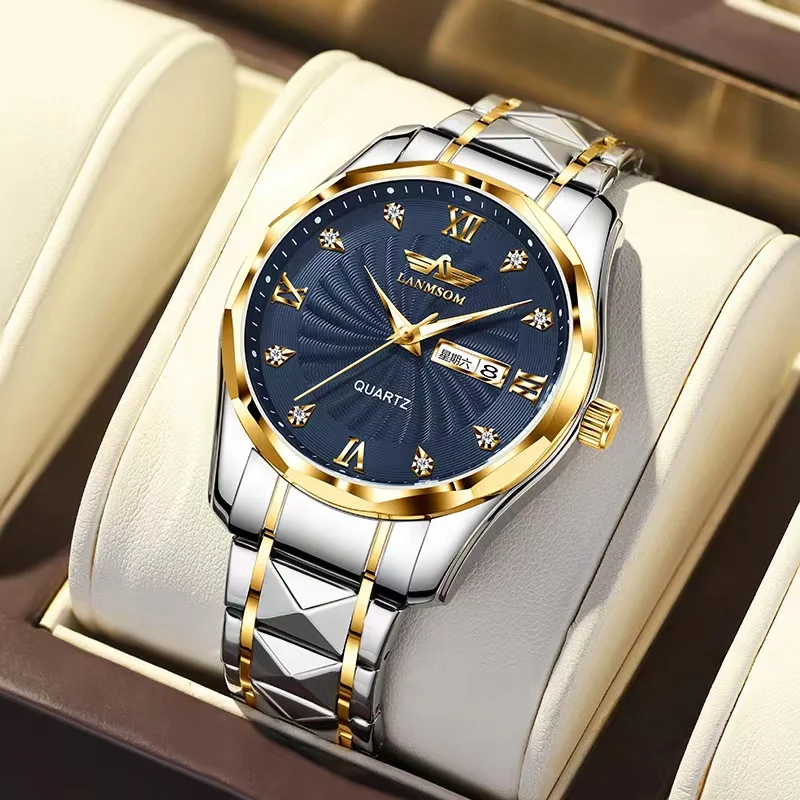 Luxury men's watch Double calendar with diamond dial Full automatic diamond surface steel band luminous waterproof watch for men