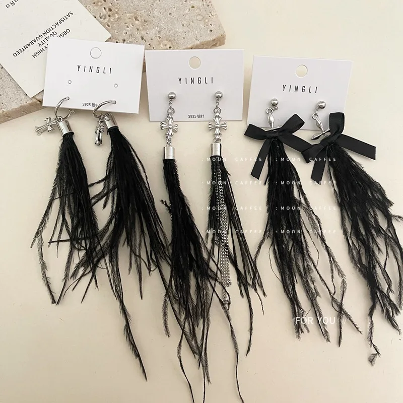 

925 Silver Needle Personality Niche Ostrich Feather Fairy Cross Tassel Earrings Fashion Blogger Senior Female Stud Earrings