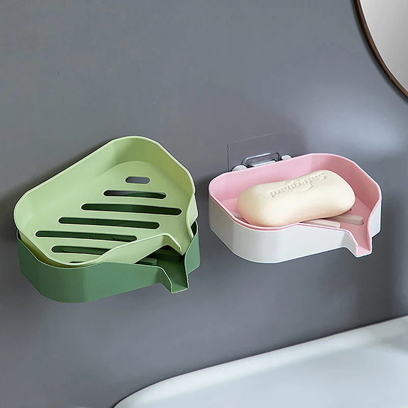 

Soap Box Shelf Bathroom Double-Layer Contrast Color Creative Draining Storage Rack Household Wall-Mounted Punch-Free Soap Box