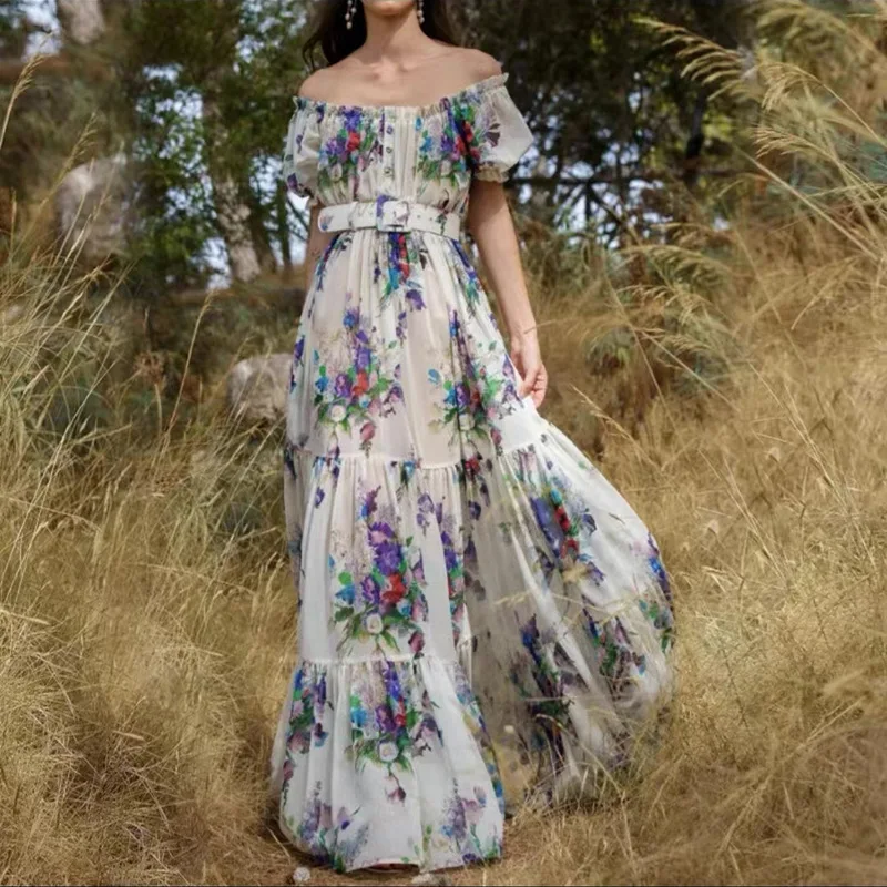 

Spring and summer new large swing holiday skirt 2022 one-shoulder belt printing and dyeing stitching long dress