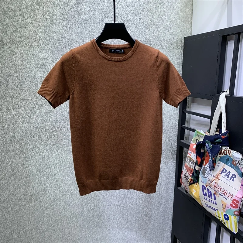 

2022 Men's Spring Summer Fashion Short Sleeve Sweater Tees Male Round Neck Size T-shirt Men Solid Color Knitted Tops A99