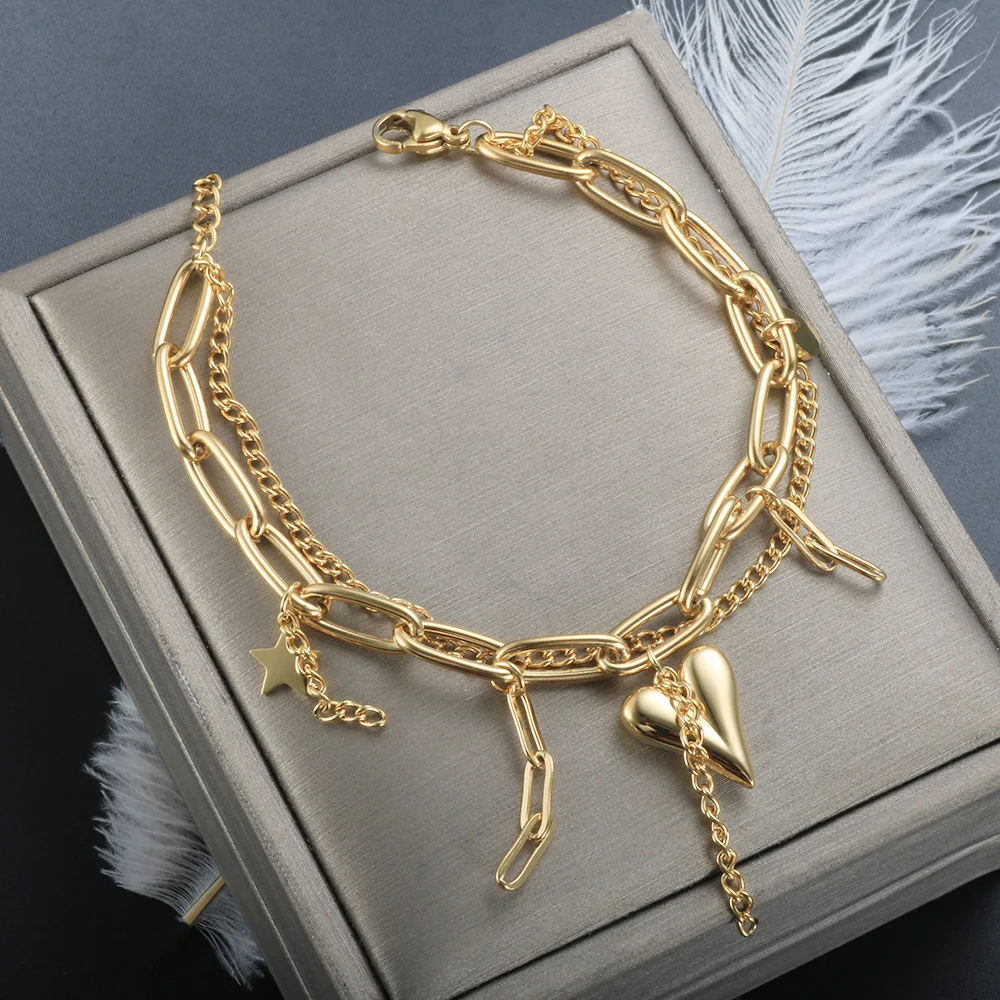 

ZMFashion Double-layer LOVE Star Bracelet Fashion European And American Stainless Steel For Women Kpop Boho Vintage Jewelry