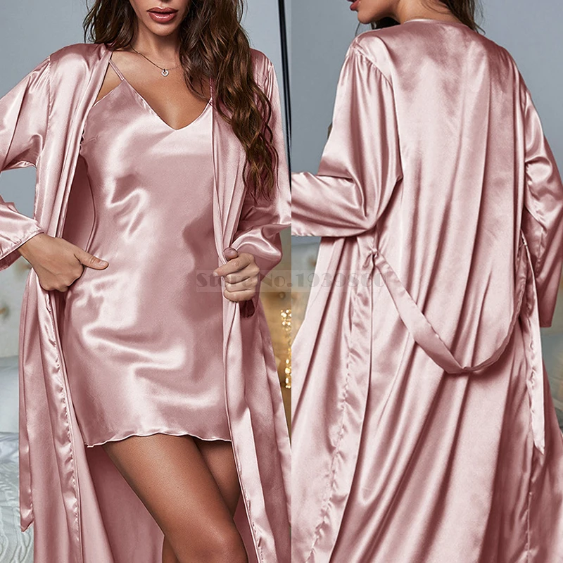

Sexy Twinset Robe Set Women Sleepwear Nightgown Long Kimono Bathrobe Gown Loose Casual Silk Satin Home Dressing Gown Lingerie