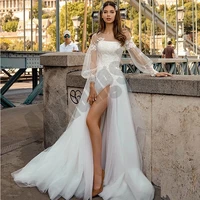 stunning button wedding dresses slit appliques white vestidos de novia o neck full puffy sleeve luxury a line robe de mariee