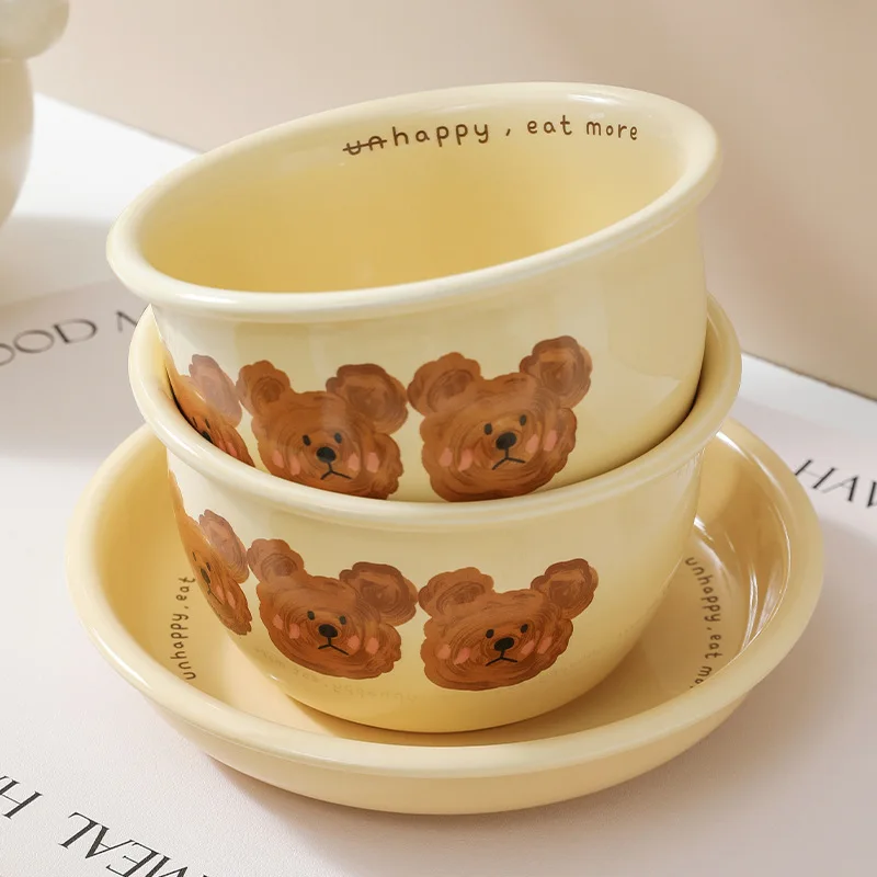 

Ceramic Yellow Dinner Bowl 4.5''/6''/8'' Cute Bear Ceramic Dishes,INS Dessert Salad Round Plates,Microwave,Oven,Dishwasher Safe
