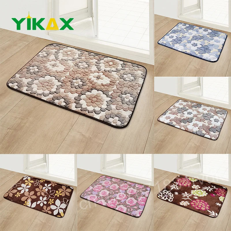 

Flowers Pattern Bedroom Floor Mat Entrance Doormat All-weather Machine Washable Flannel Anti-slip Furniture Supplies Foot Rug