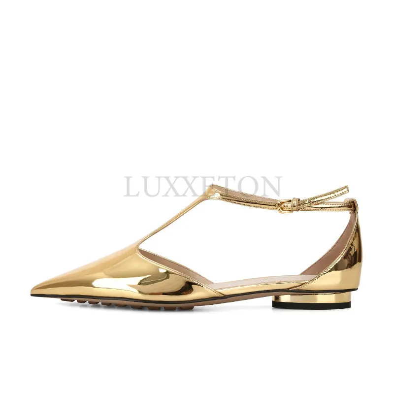 

Туфли на плоской подошве с острым носком, элегантные туфли мэри джейн из натуральной кожи, удобные ботинки золотистого цвета для офисных работников, Т-образный вырез