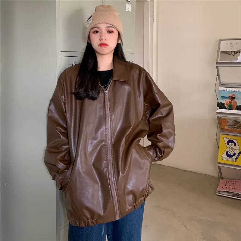 2022Leather Jacket Women's Autumn and Winter New Korean Version of The Retro Hong Kong Style Loose All-Match Brown Jacket Jacket