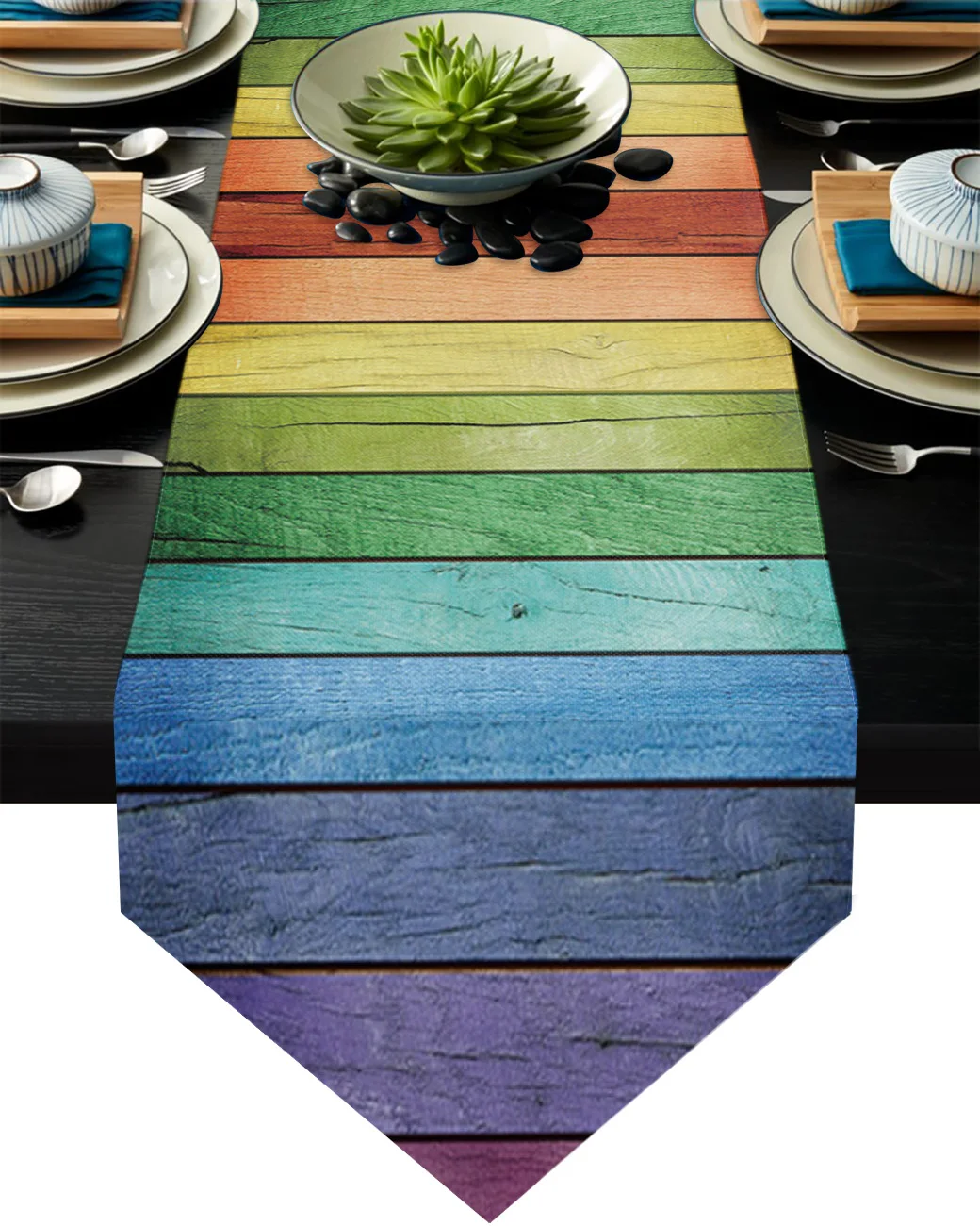 

Colorful Rainbow Wood Planks Modern Table Runner Country Wedding Decoration Tablecloth Home Hotel Party Kitchen Dining Table Mat