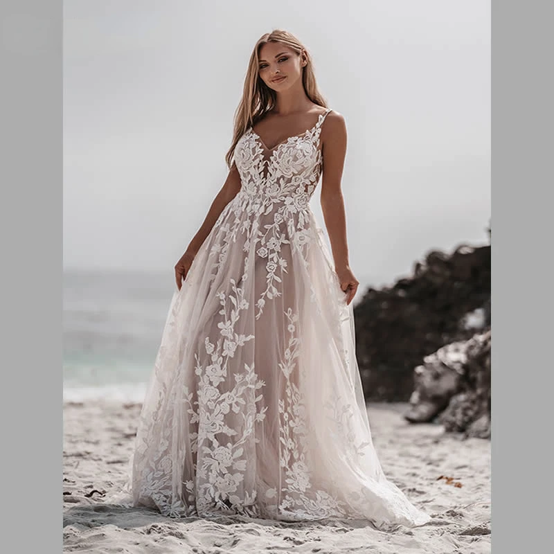 

Wedding Dress For Bride A-Line V-neck Neckline With Open-Back Sleeveless Bride Gown Vestidos De Novia