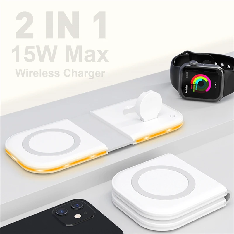 

2 In 1 15W Foldable LED Light Fast Magnetic Wireless Charger Duo Charging Pad for IPhone 13 12 11 XS Watch Series 7 6 5 4 3 2 SE