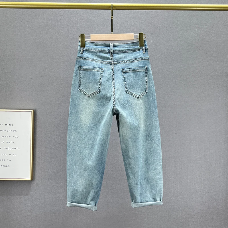 Cropped Jeans Women's Thin 2023 New Summer High Waist Loose And Slimming European Station Hot Rhinestone Short Harem Baggy Pants