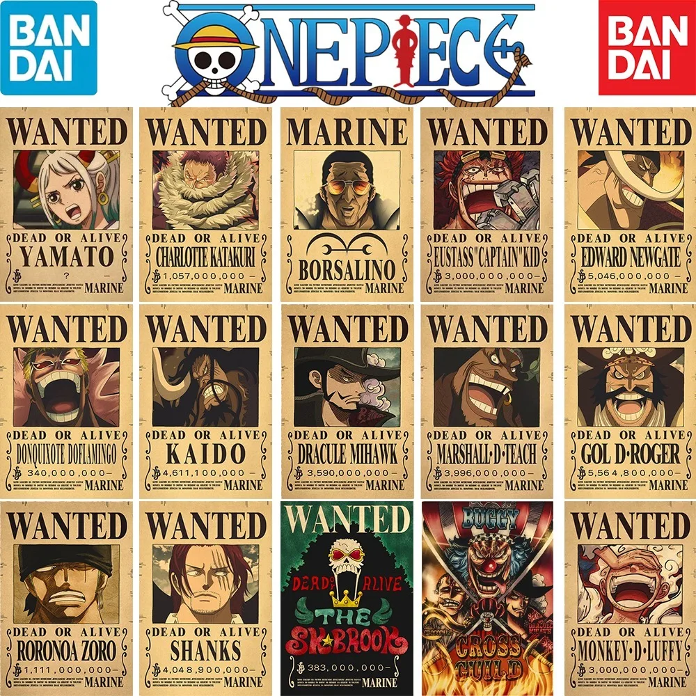 

Anime One Piece Bounty Wanted Posters Luffy 5th Gear Nika Form Roronoa Zoro Katakuri Retro Kraft Paper Room Decorative Paintings