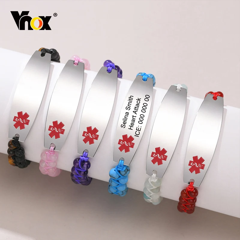 

Vnox 13mm Free Engraving Medical Bracelet for Women Men, Adjustable Layered Beads Bracelet with Stainless Steel ID Bangle